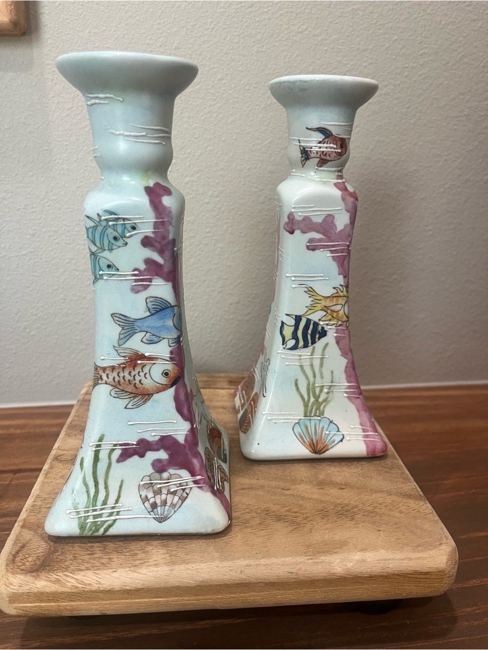 CLOISONNE Koi Pond Fish CANDLESTICKS China Candelabra SET 2 Antique ESTATE FIND
